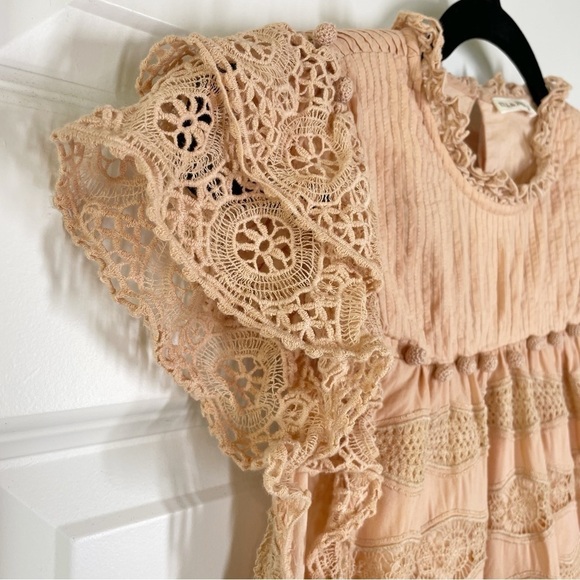 Ulla Johnson Nora Blush Pink Crochet Trim Pom Pom Flutter Sleeve Trapeze Dress - Picture 6 of 13